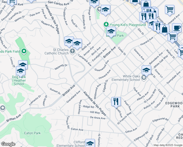 map of restaurants, bars, coffee shops, grocery stores, and more near 1109 Dayton Avenue in San Carlos