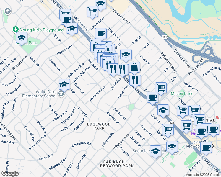 map of restaurants, bars, coffee shops, grocery stores, and more near 1322 Eaton Avenue in San Carlos