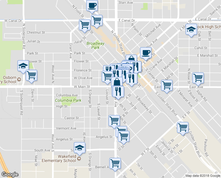 map of restaurants, bars, coffee shops, grocery stores, and more near 250 West Main Street in Turlock