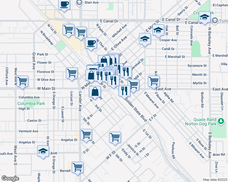map of restaurants, bars, coffee shops, grocery stores, and more near Marshall St in Turlock