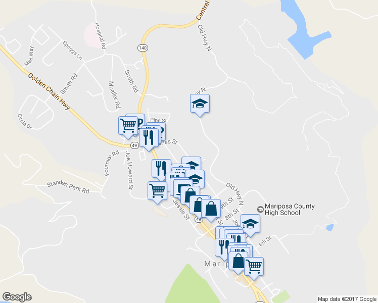 map of restaurants, bars, coffee shops, grocery stores, and more near 5140 Jones Street in Mariposa