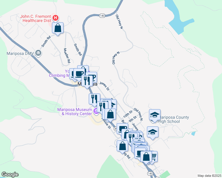 map of restaurants, bars, coffee shops, grocery stores, and more near 5140 Jones Street in Mariposa