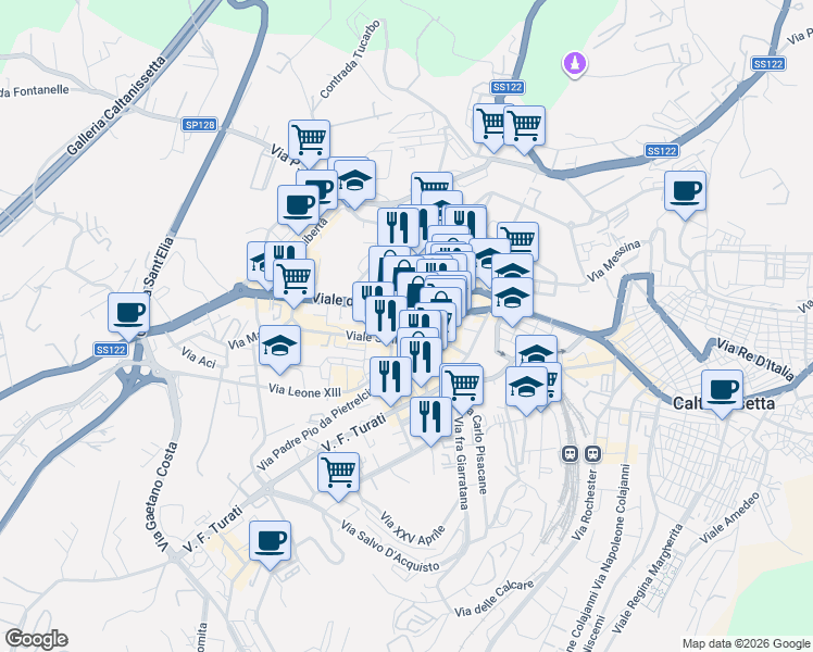 map of restaurants, bars, coffee shops, grocery stores, and more near 9 Via Val d'Aosta in Caltanissetta