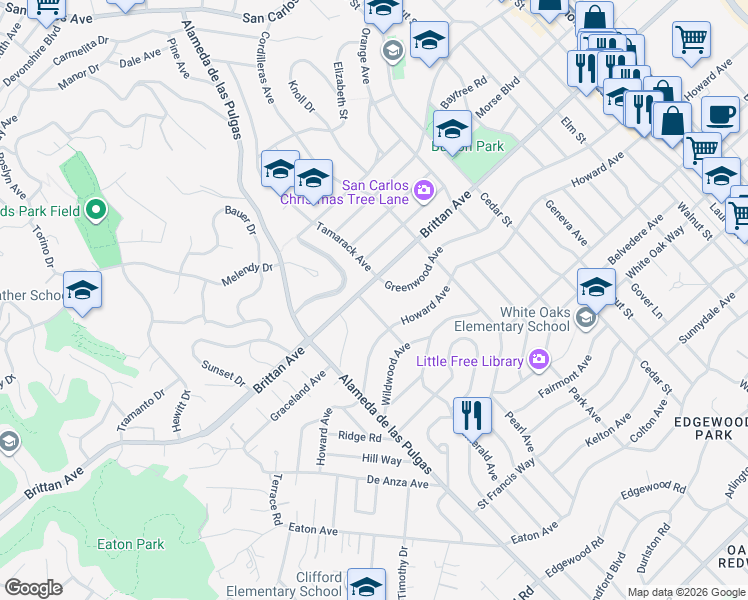 map of restaurants, bars, coffee shops, grocery stores, and more near 1109 Dayton Avenue in San Carlos