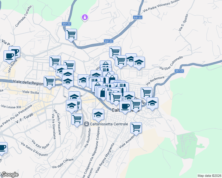 map of restaurants, bars, coffee shops, grocery stores, and more near 45 Corso Umberto I in Caltanissetta