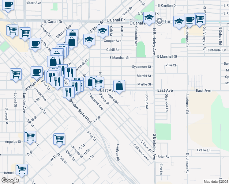 map of restaurants, bars, coffee shops, grocery stores, and more near 1290 East Avenue in Turlock