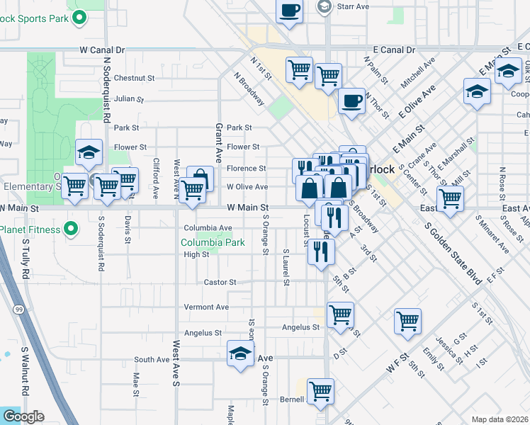 map of restaurants, bars, coffee shops, grocery stores, and more near 344 West Main Street in Turlock