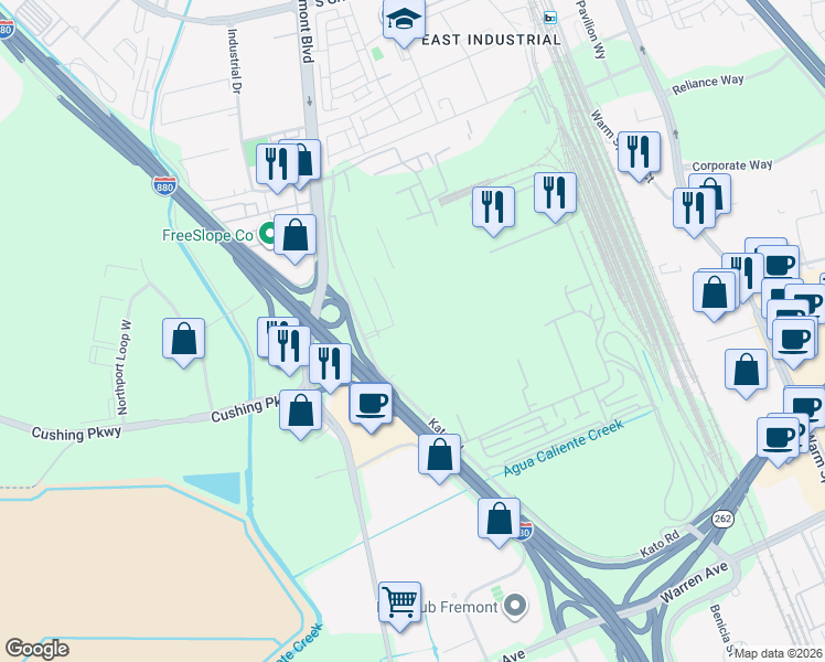 map of restaurants, bars, coffee shops, grocery stores, and more near 45500 Fremont Boulevard in Fremont