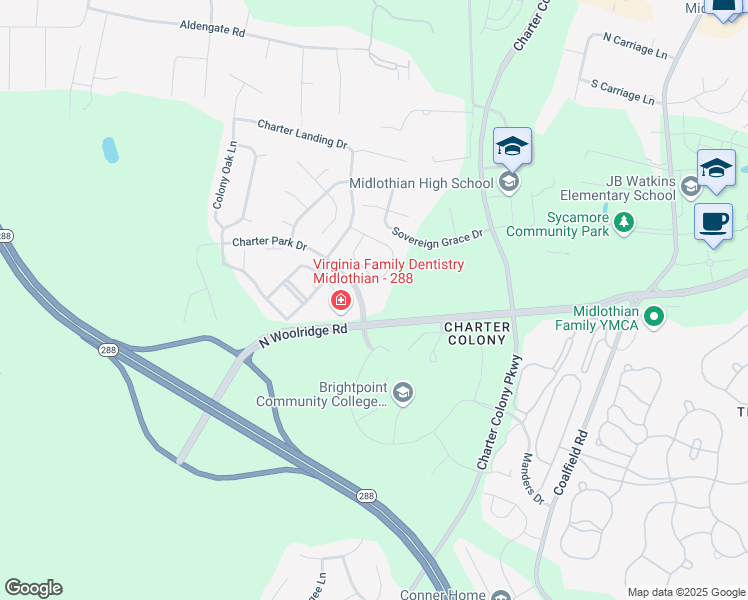 map of restaurants, bars, coffee shops, grocery stores, and more near 14348 North Woolridge Road in Midlothian