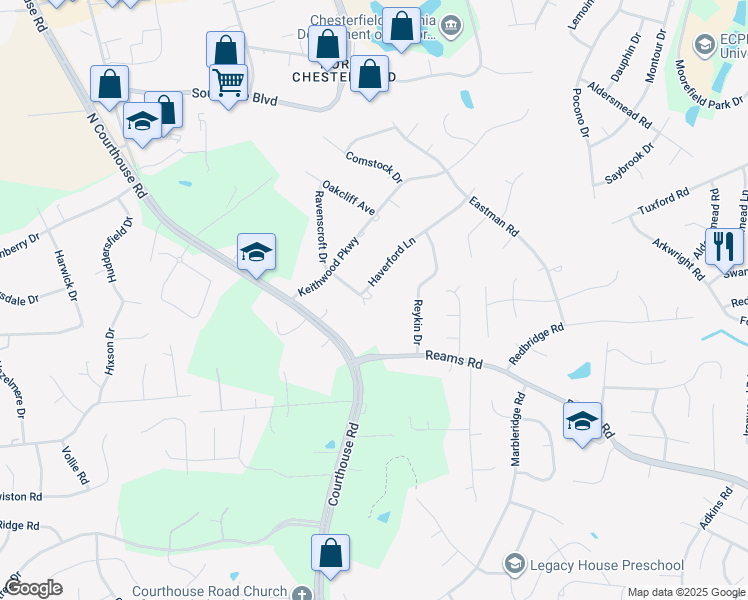 map of restaurants, bars, coffee shops, grocery stores, and more near 10965 Haverford Lane in Richmond