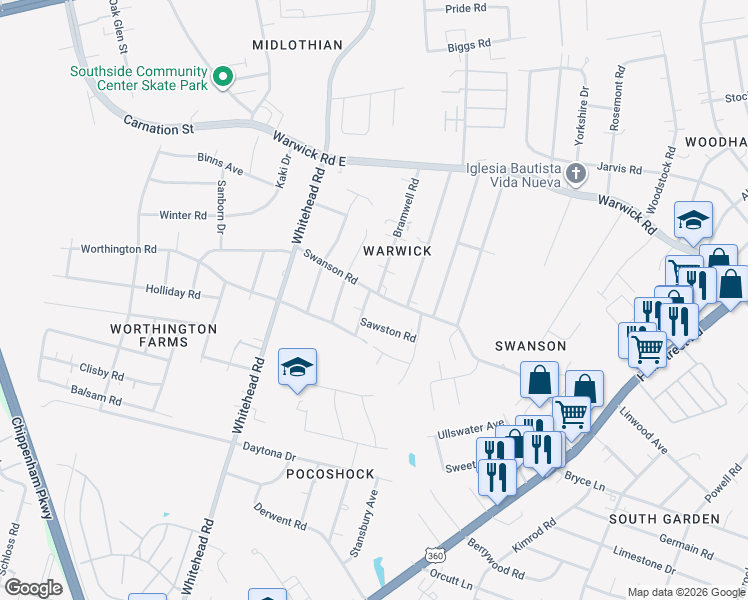 map of restaurants, bars, coffee shops, grocery stores, and more near 5946 Swanson Road in Richmond