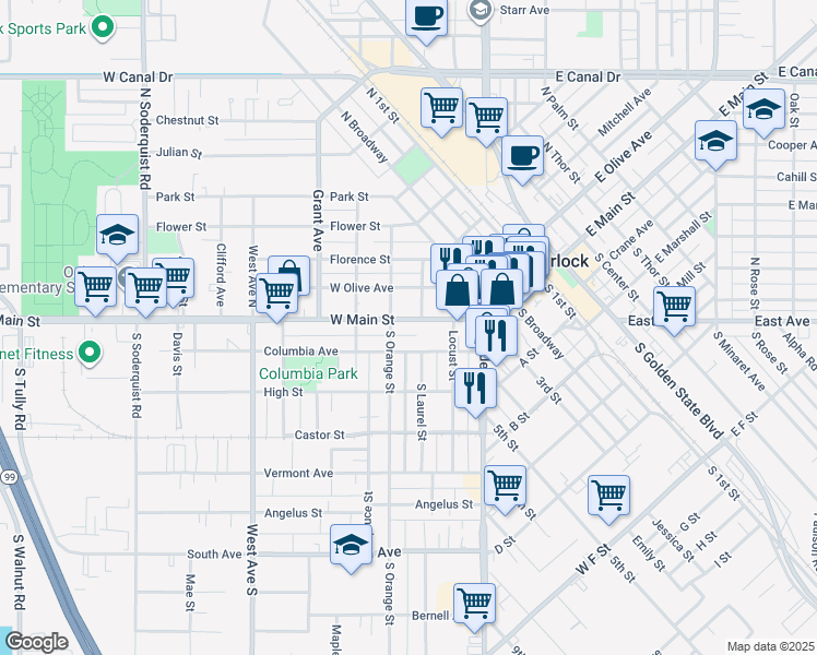 map of restaurants, bars, coffee shops, grocery stores, and more near 344 West Main Street in Turlock
