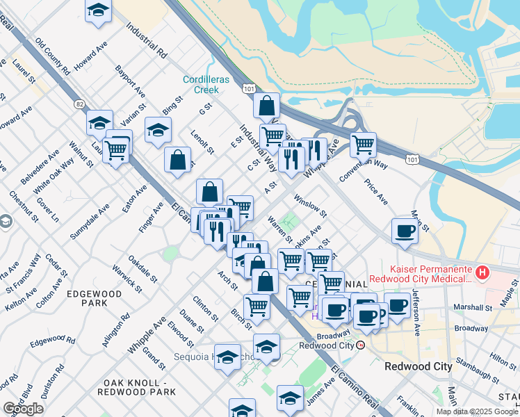 map of restaurants, bars, coffee shops, grocery stores, and more near 754 Whipple Avenue in Redwood City