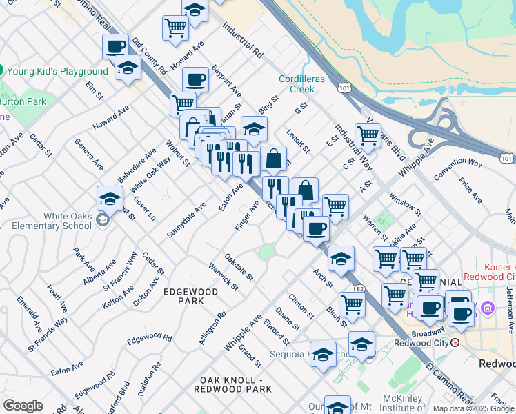 map of restaurants, bars, coffee shops, grocery stores, and more near 29 Finger Avenue in Redwood City