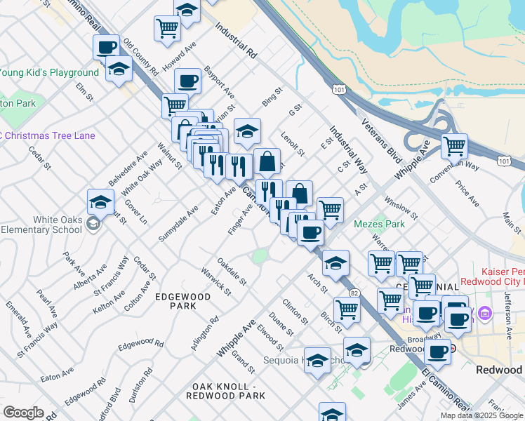 map of restaurants, bars, coffee shops, grocery stores, and more near 29 Finger Avenue in Redwood City