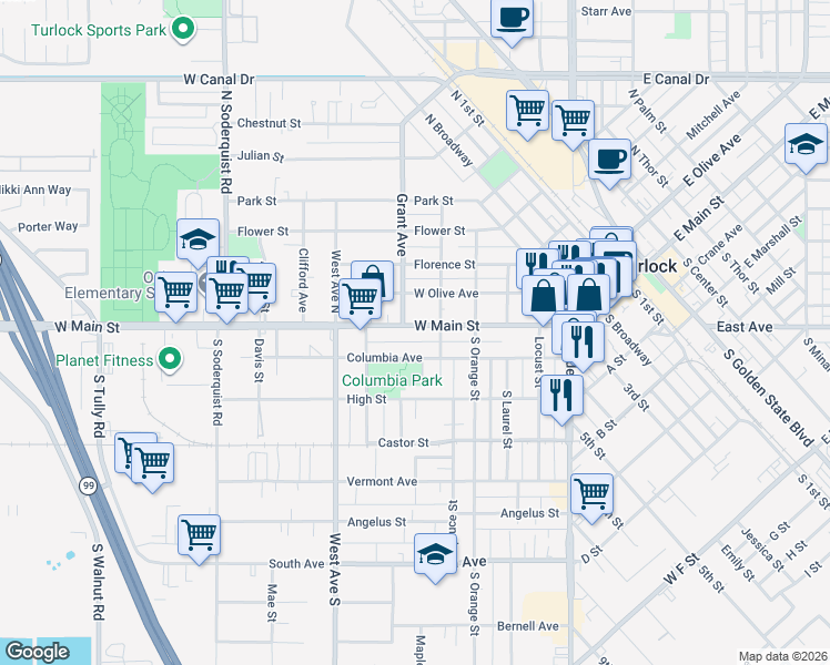 map of restaurants, bars, coffee shops, grocery stores, and more near 568 West Main Street in Turlock