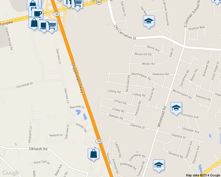 map of restaurants, bars, coffee shops, grocery stores, and more near 6542 Ludwig Road in Richmond