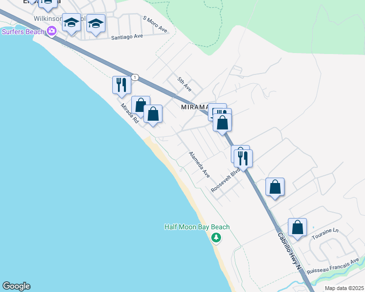 map of restaurants, bars, coffee shops, grocery stores, and more near San Andreas Avenue in Half Moon Bay