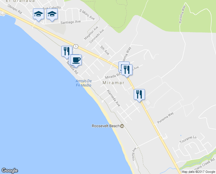map of restaurants, bars, coffee shops, grocery stores, and more near 47 Alameda Avenue in Half Moon Bay