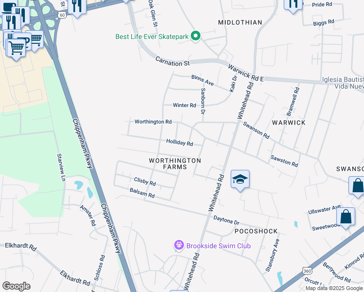 map of restaurants, bars, coffee shops, grocery stores, and more near 6413 Holliday Road in Richmond