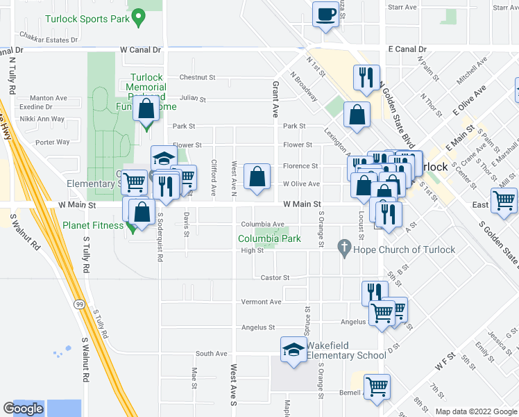 map of restaurants, bars, coffee shops, grocery stores, and more near 670 West Main Street in Turlock