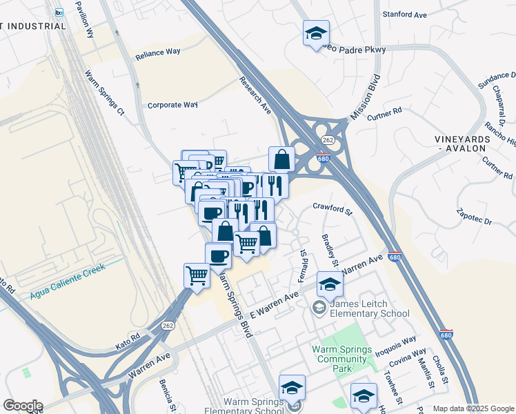 map of restaurants, bars, coffee shops, grocery stores, and more near in Fremont