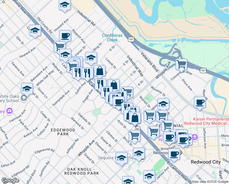 map of restaurants, bars, coffee shops, grocery stores, and more near 118 C Street in Redwood City