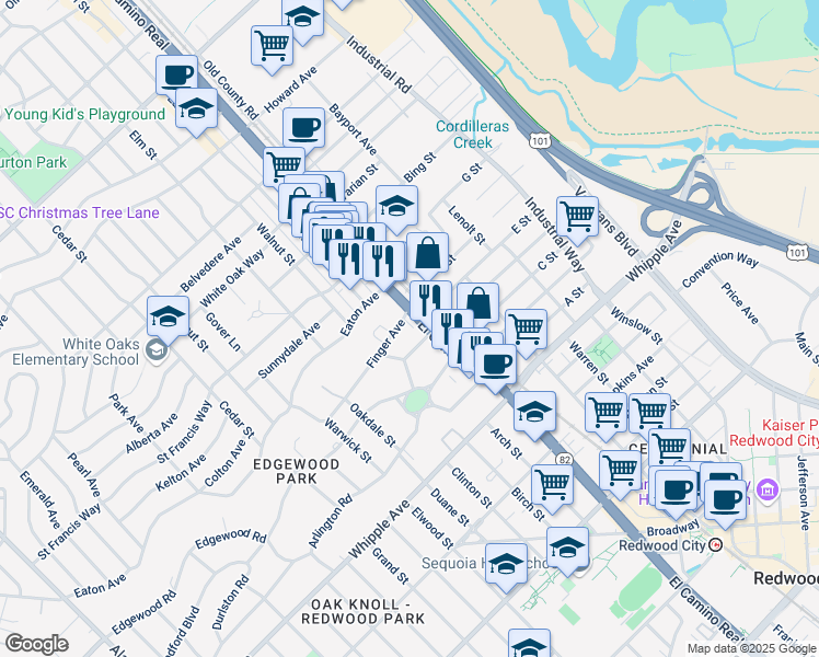 map of restaurants, bars, coffee shops, grocery stores, and more near 29 Finger Avenue in Redwood City