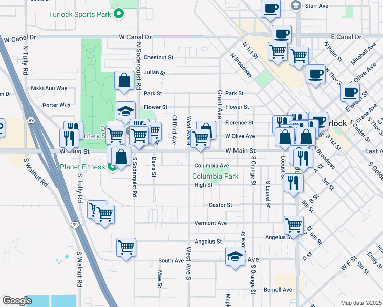 map of restaurants, bars, coffee shops, grocery stores, and more near 790 West Main Street in Turlock