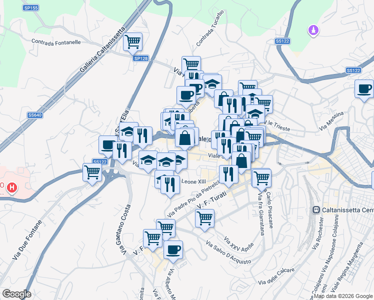 map of restaurants, bars, coffee shops, grocery stores, and more near 1-69 Via Malta in Caltanissetta