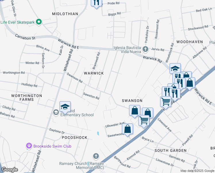 map of restaurants, bars, coffee shops, grocery stores, and more near 1055 Barlen Drive in Richmond