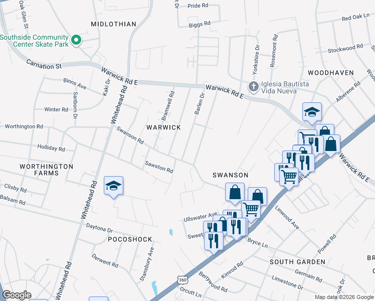 map of restaurants, bars, coffee shops, grocery stores, and more near 1055 Barlen Drive in Richmond