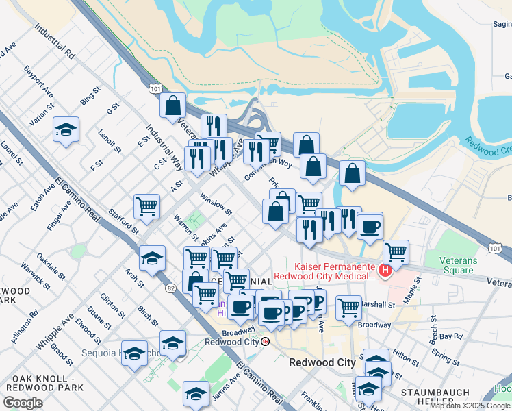 map of restaurants, bars, coffee shops, grocery stores, and more near 611 Veterans Boulevard in Redwood City