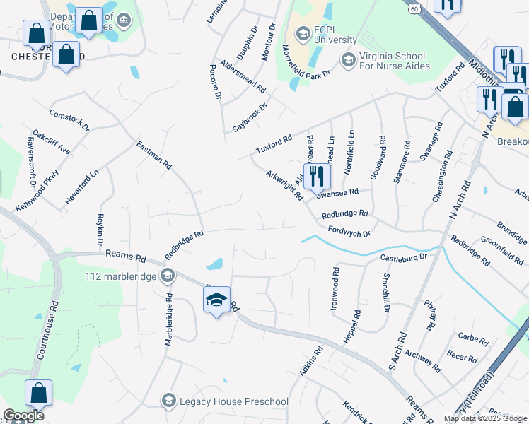 map of restaurants, bars, coffee shops, grocery stores, and more near 18 Redbridge Terrace in Richmond