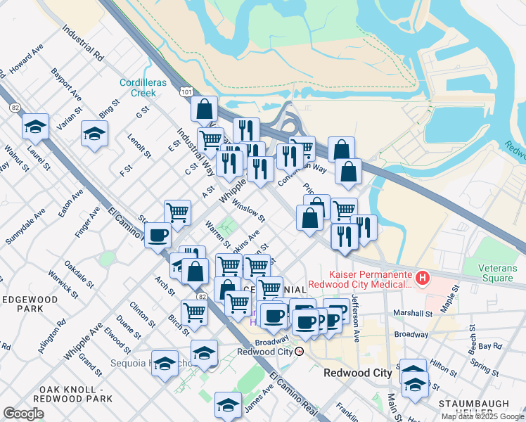 map of restaurants, bars, coffee shops, grocery stores, and more near 91 Winslow Street in Redwood City