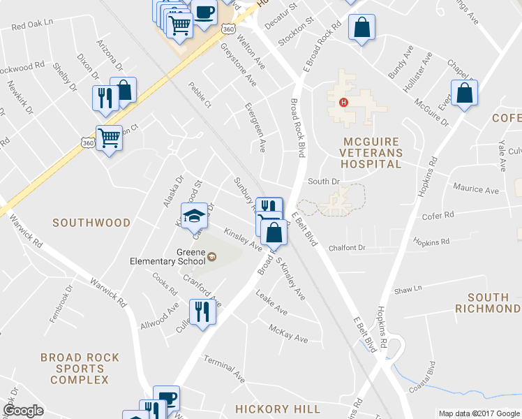 map of restaurants, bars, coffee shops, grocery stores, and more near 1625 Sunbury Road in Richmond