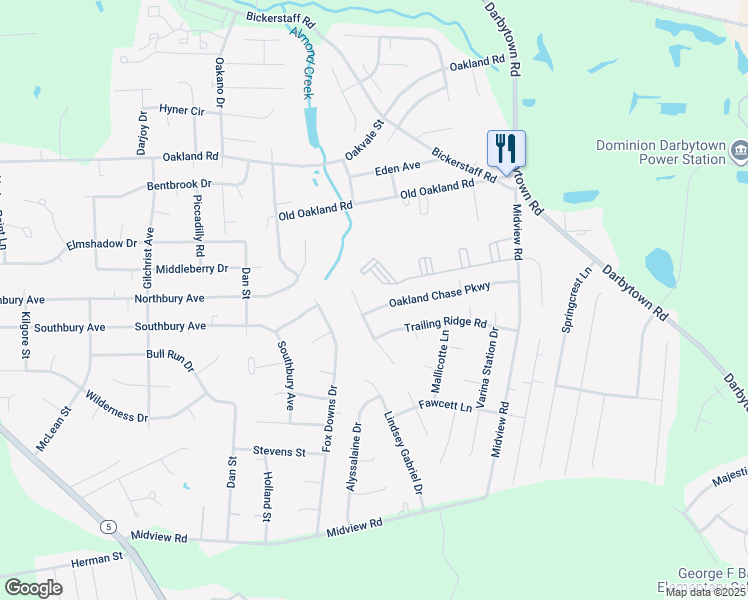 map of restaurants, bars, coffee shops, grocery stores, and more near 1504 Oakland Chase Parkway in Richmond