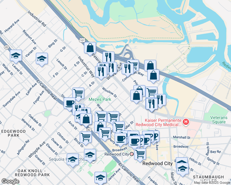 map of restaurants, bars, coffee shops, grocery stores, and more near 65 Winslow Street in Redwood City