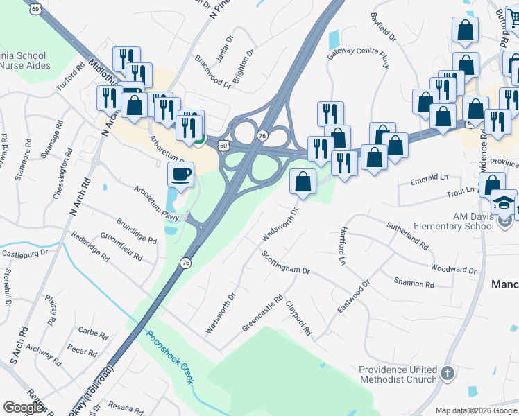 map of restaurants, bars, coffee shops, grocery stores, and more near 410 Trickling Creek Road in Richmond