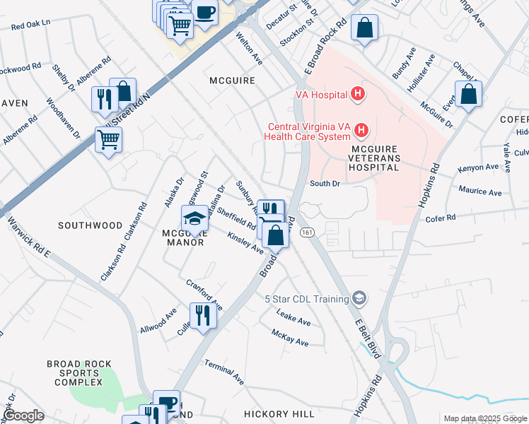 map of restaurants, bars, coffee shops, grocery stores, and more near 1625 Sunbury Road in Richmond