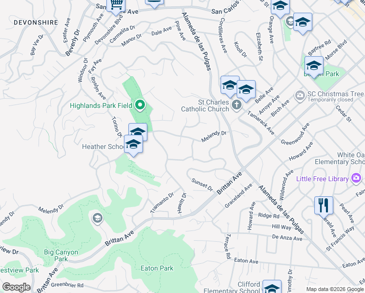 map of restaurants, bars, coffee shops, grocery stores, and more near 886 Heather Drive in San Carlos