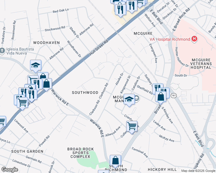 map of restaurants, bars, coffee shops, grocery stores, and more near 1625 Clarkson Road in Richmond