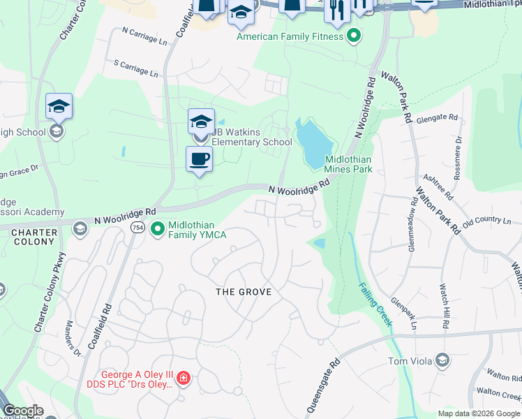 map of restaurants, bars, coffee shops, grocery stores, and more near 13408 Ridgemoor Drive in Midlothian