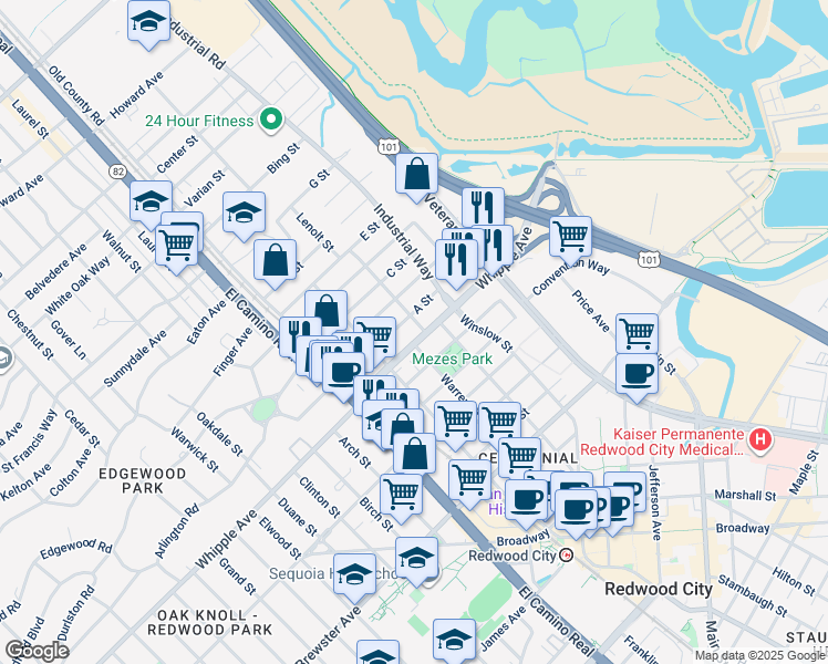 map of restaurants, bars, coffee shops, grocery stores, and more near 754 Whipple Avenue in Redwood City