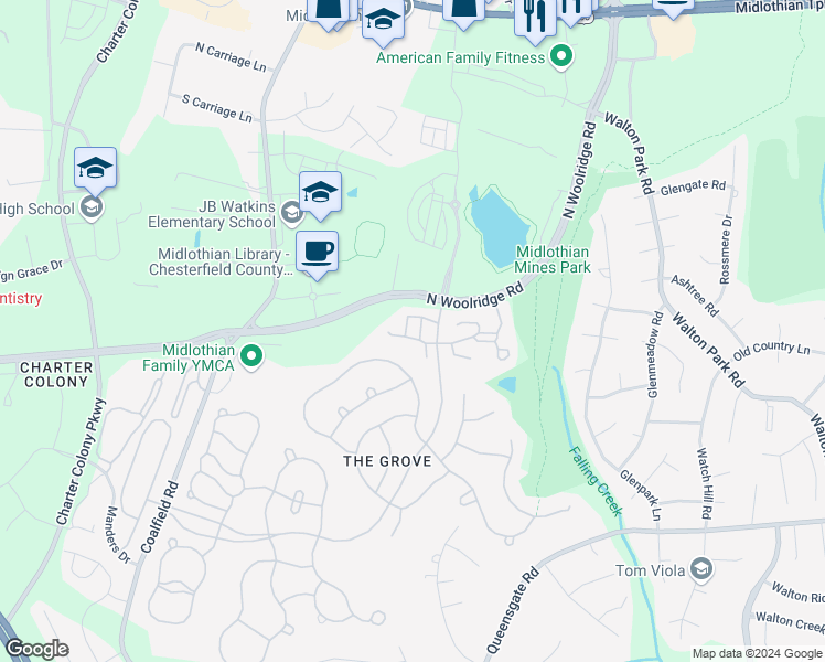map of restaurants, bars, coffee shops, grocery stores, and more near 13507 Ridgemoor Drive in Midlothian
