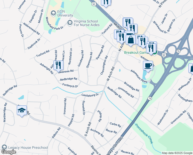 map of restaurants, bars, coffee shops, grocery stores, and more near 118 Chessington Road in Richmond