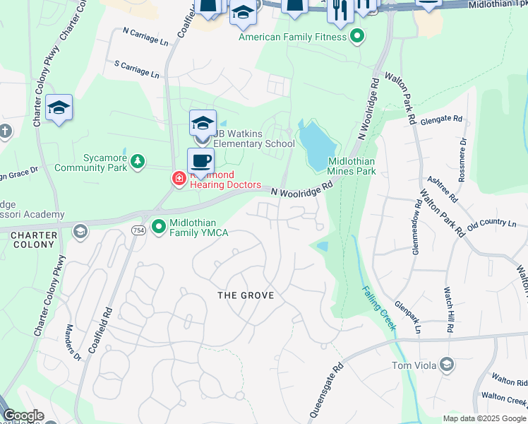map of restaurants, bars, coffee shops, grocery stores, and more near 13408 Ridgemoor Drive in Midlothian