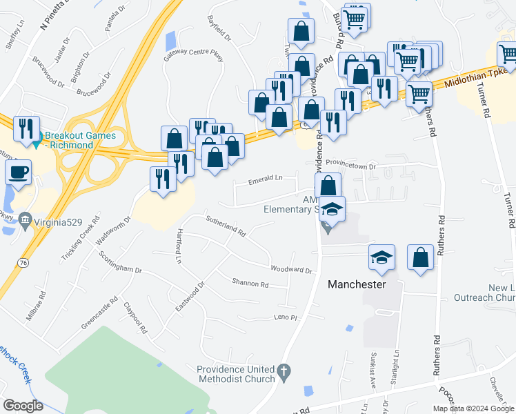 map of restaurants, bars, coffee shops, grocery stores, and more near 8349 Trout Lane in Richmond