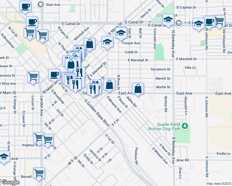 map of restaurants, bars, coffee shops, grocery stores, and more near 1189 East Avenue in Turlock