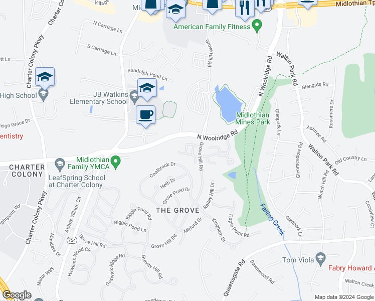 map of restaurants, bars, coffee shops, grocery stores, and more near 13426 Ridgemoor Drive in Midlothian
